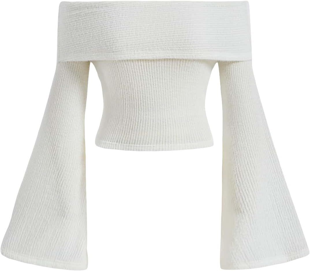 Verdusa Women's Off Shoulder Bell Long Sleeve Slim Fitted Crop Tee Top | Amazon (US)