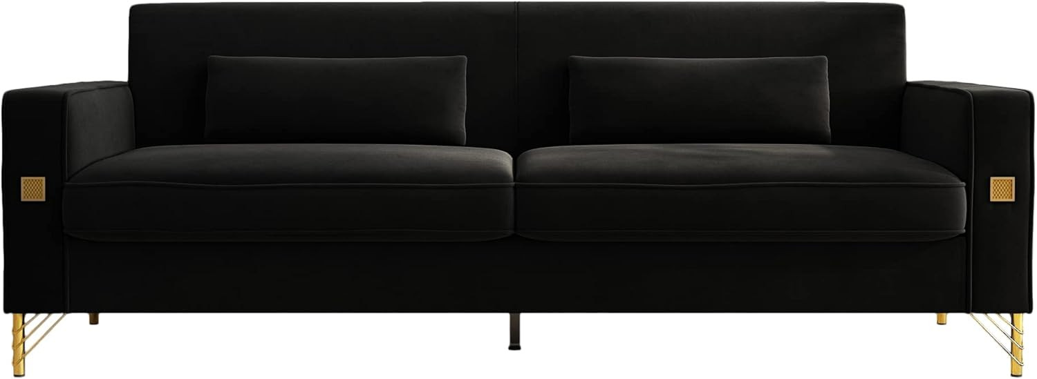 Amazon.com: New Version Modern Velvet Sofa Couch 3-4 Seater Fashion Couch with 2 Pillows, Metal L... | Amazon (US)