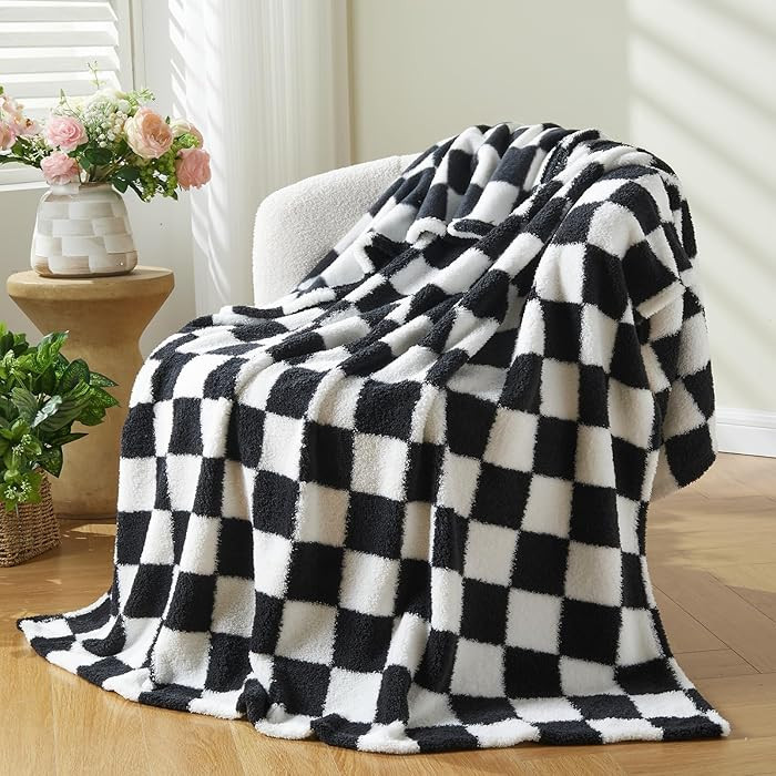 NEWCOSPLAY Knitted Black White Checkered Blanket Super Soft Plush Throw for Couch Fuzzy Fluffy Mi... | Amazon (US)