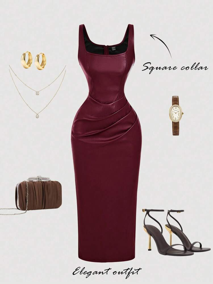 SHEIN MOD Women's Elegant Burgundy Sleeveless Fitted PU Dress, Elegant Dress ,Square Collar Dress... | SHEIN