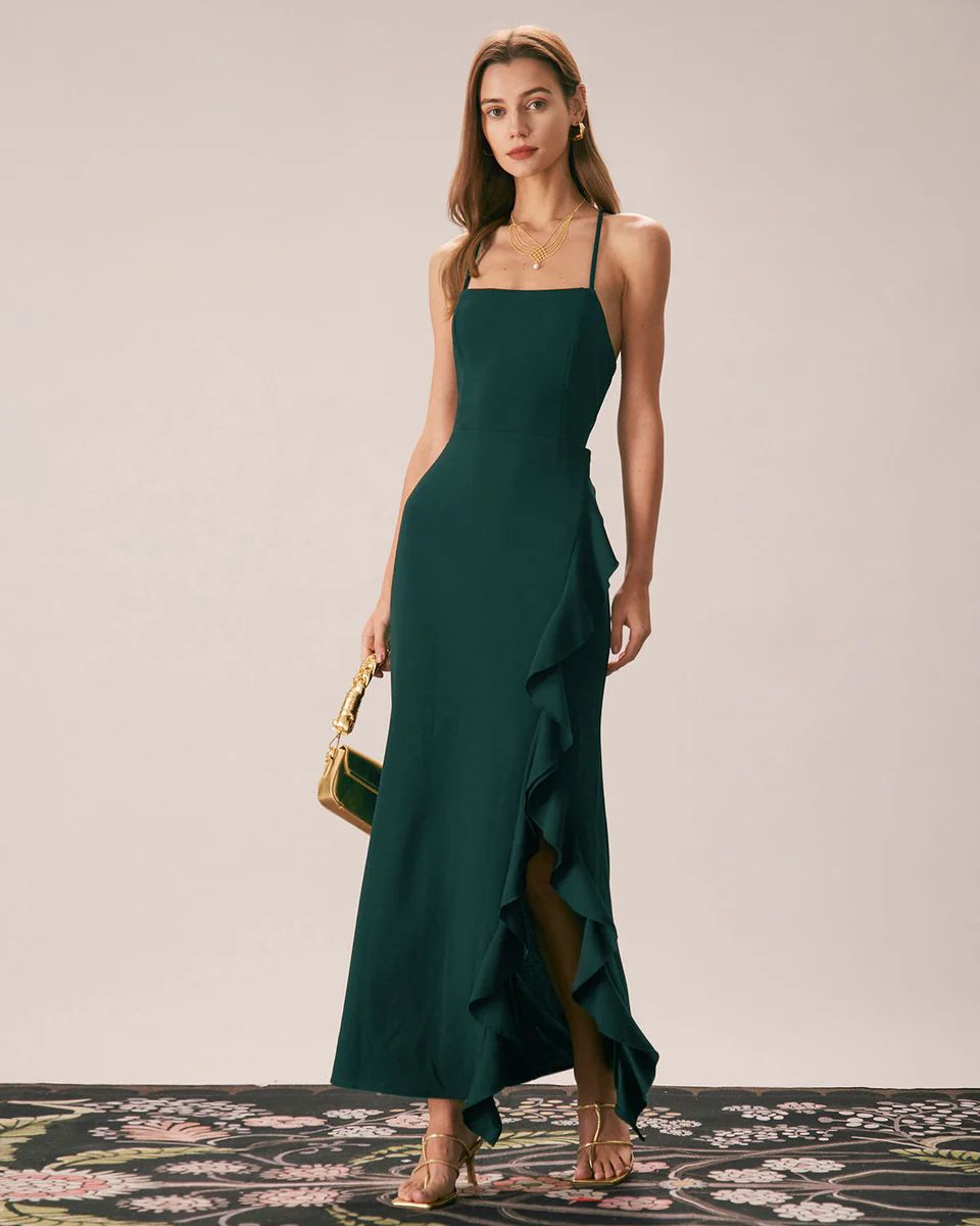 The Green Ruffle Cross Back Strap Maxi Dress & Reviews - Black - Dresses | RIHOAS | rihoas.com