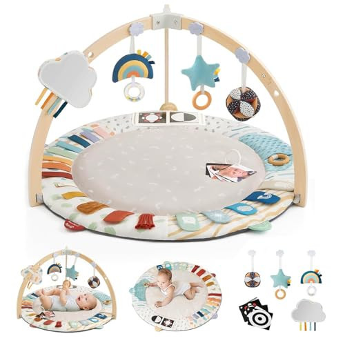 Blissful Diary Baby Play Gym & Activity Mat, 5 Developmental Zones Wooden Tummy Time Mat with 5 Detachable Sensory Toys for Motor Skills & Sensory Development, Baby Essentials Shower Gift | Amazon (US)