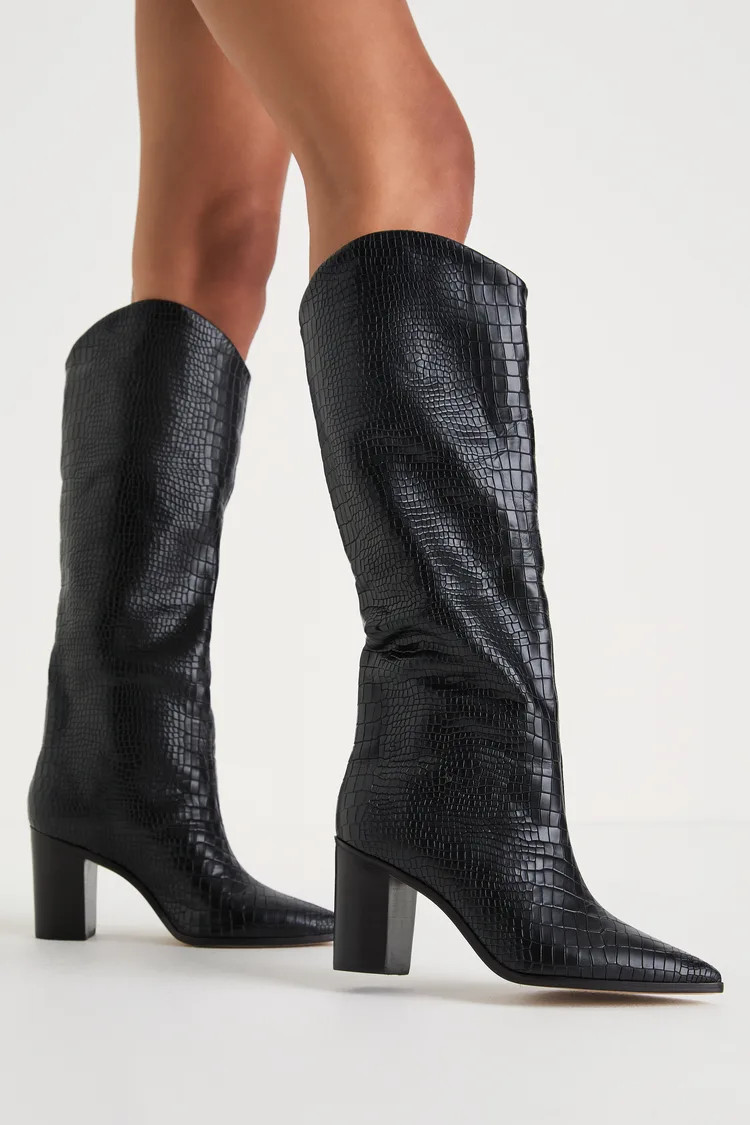Maryana Black Croc-Embossed Leather Knee-High Boots | Lulus (US)