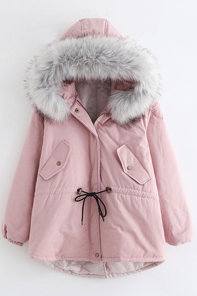 Simple Plain Faux Fur Hem Hooded Long Sleeve Zip Up Coat | Beautifulhalo.com