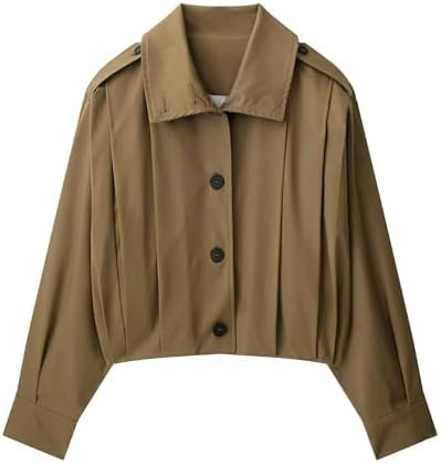 Xunger Women’s Vintage Pleated Jacket Lapel Collar Long Sleeve Button Down Solid Color Crop Tre... | Amazon (US)