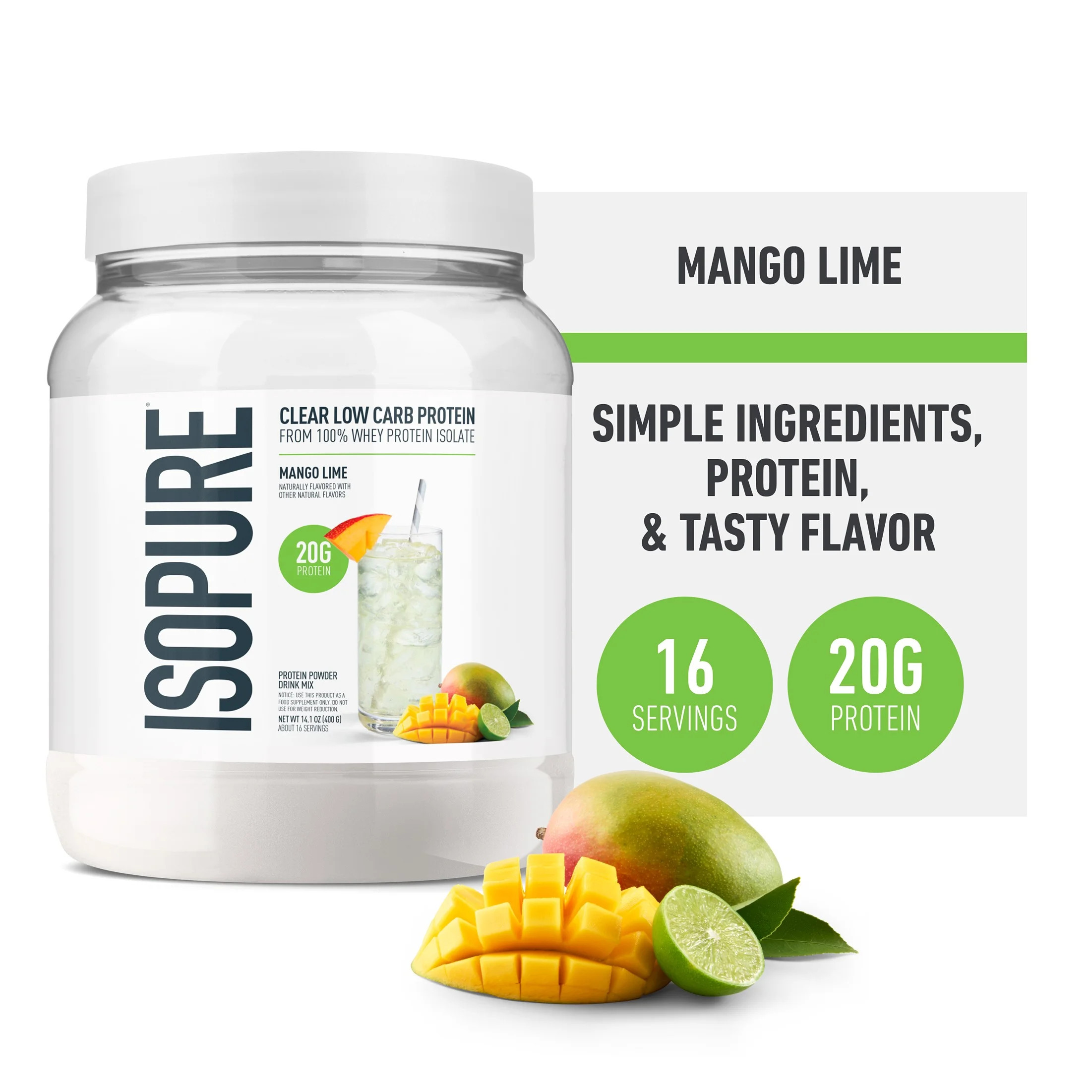 Isopure Clear Low Carb 100% Whey Protein Isolate, Mango Lime, 14.1 oz | Walmart (US)