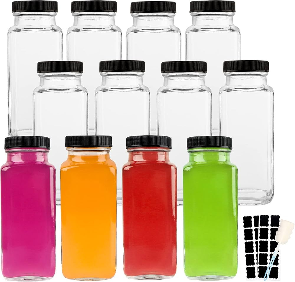 HINGWAH 8.5 OZ Glass Drink Bottles, Set of 12 Vintage Glass Water Bottles with Lids, Great for st... | Amazon (US)