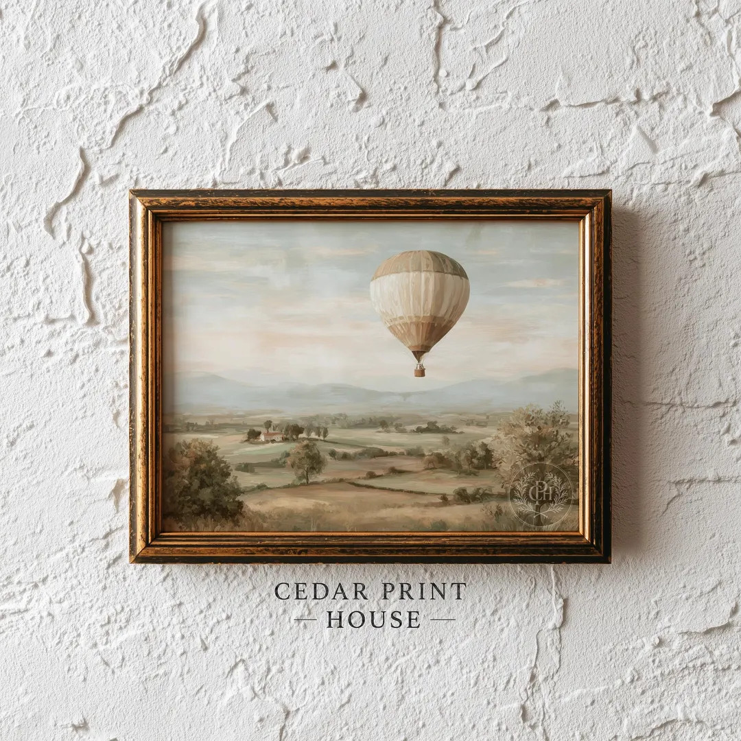 Vintage Hot Air Balloon Painting Print - Soft Pastel Nursery, Cottagecore Decor, Rustic Farmhouse... | Etsy (US)