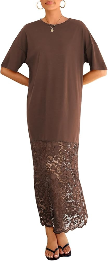 LOLONG Womens Short Sleeve Lace Patchwork T Shirt Dress Summer Ladies Crew Neck Casual Loose Soli... | Amazon (US)