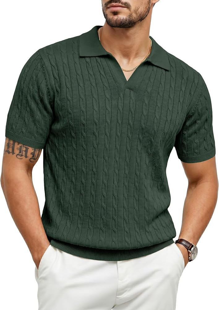 JMIERR Men's Cable Knit Polo Wool Blend Shirt Short Sleeve Vintage Textured Summer Sweater Top | Amazon (US)