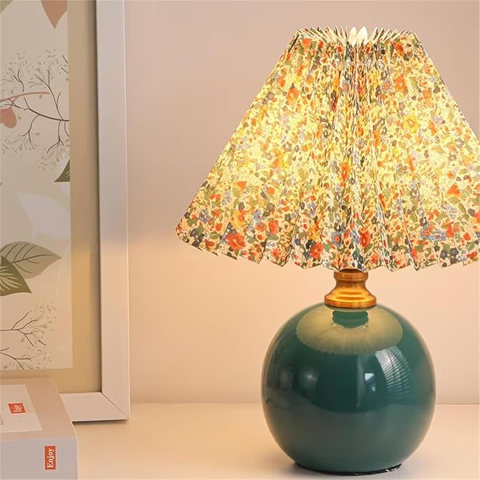 ikaufen Pleated Fabric Shade Table Lamp, Round Ceramic Base Lamp with Floral/Plain Design for Bed... | Amazon (US)