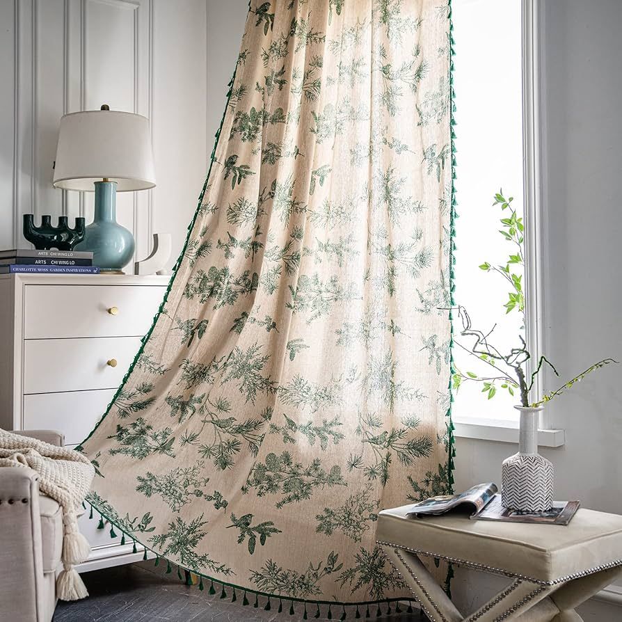 Boho Curtains with Tassel Bohemian Green Semi-Blackout Drapes Cotton Linen Farmhouse Window Curta... | Amazon (US)