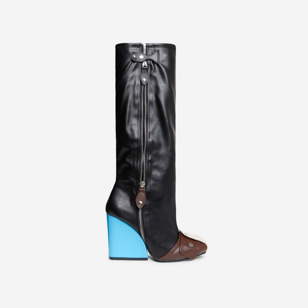 Senna Buckle Detail Square Toe Blue Wedge Heel Knee High Long Boot In Black Faux Leather | EGO Shoes (US & Canada)