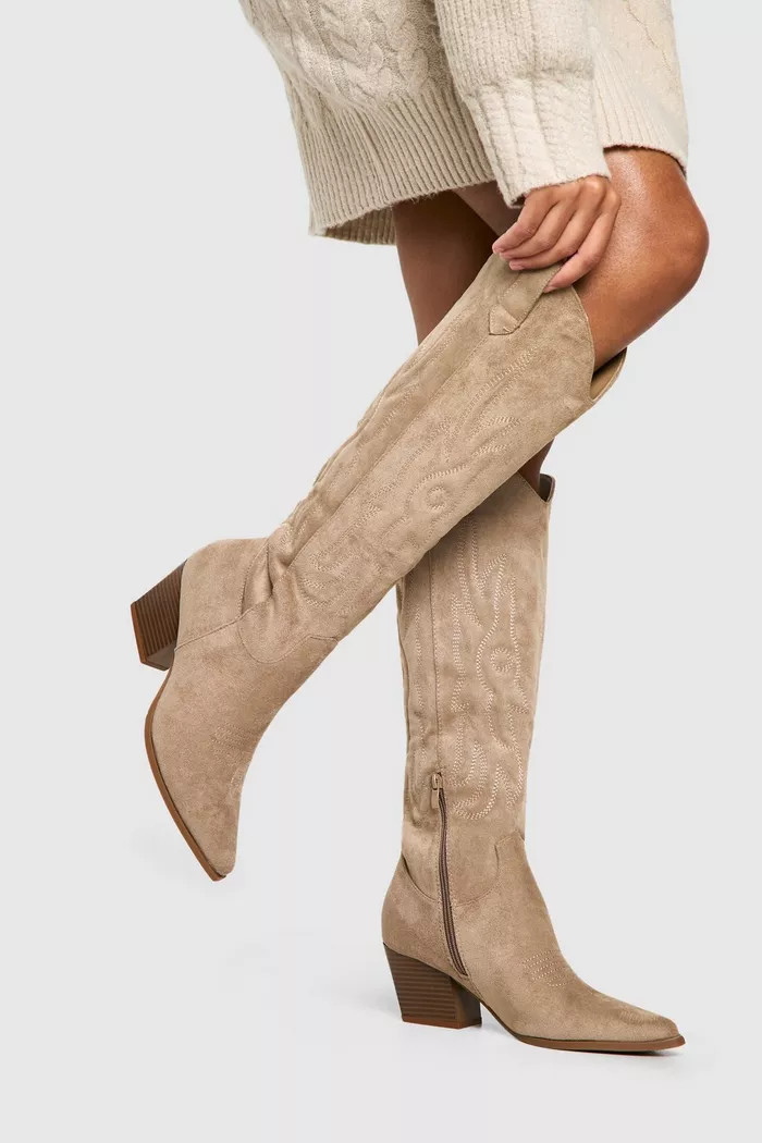 Faux Suede Embroidered Western Cowboy Boots | Boohoo.com (UK & IE)