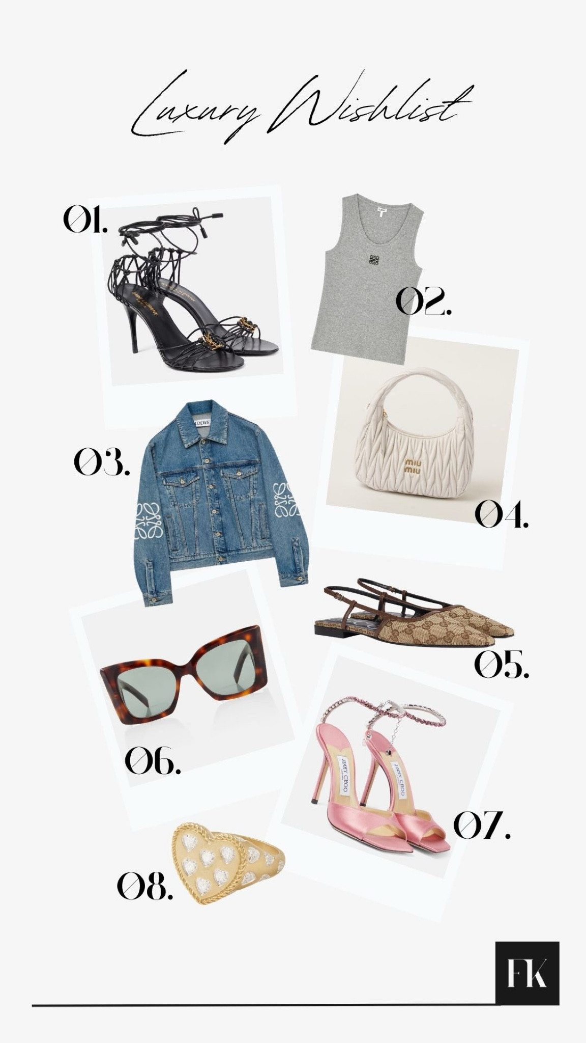 My Luxury Wishlist this Spring, featuring YSL and Jimmy Choo heels, Gucci ballet sling backs, Loewe tank and denim jacket, gold jewellery, Miu Miu white bag, Celine cat eye sunglasses 

#LTKshoecrush #LTKstyletip #LTKSeasonal