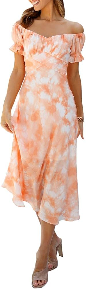 Meenew Women's Off Shoulder Long Vacation Dress Summer Casual Maxi Flowy Dress | Amazon (US)