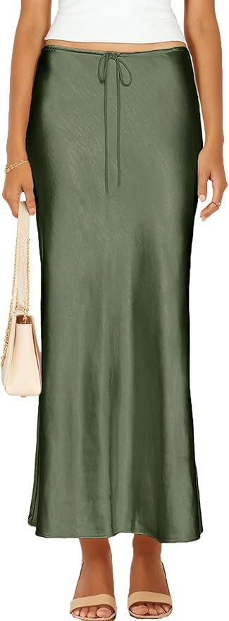 Womens Satin Silk Maxi Skirts Drawstring Flared Casual A-Line Long Skirt for Women | Amazon (US)