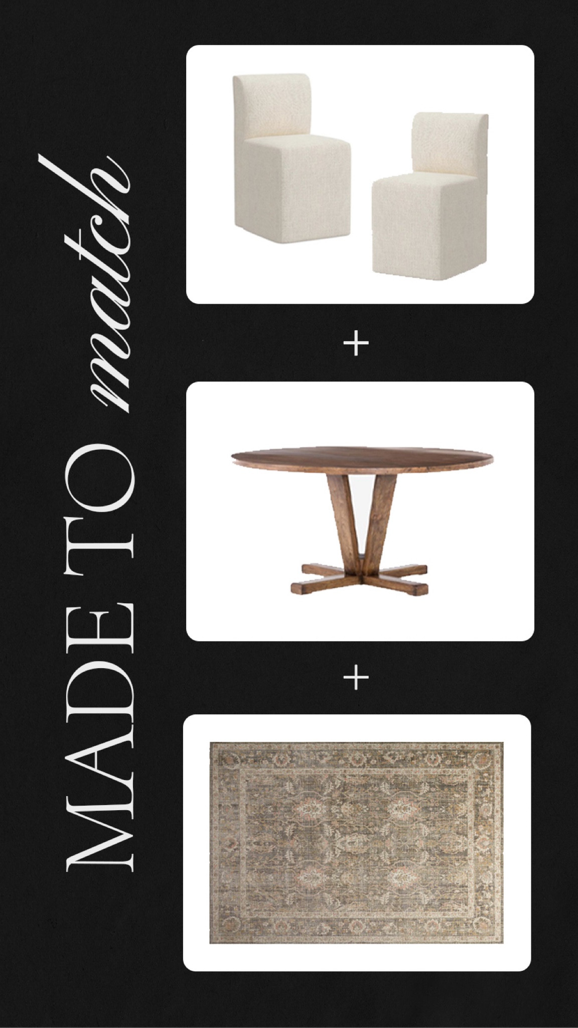 Designer picks: combinations for a transitional, contemporary dining room with a round wood table and armless, upholstered chairs.