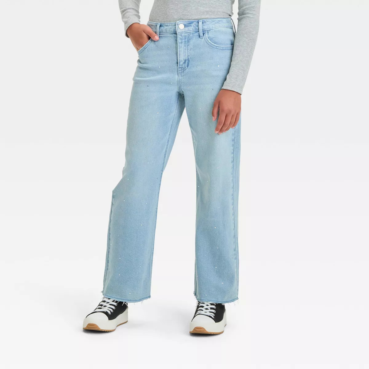 Girls' "High-Rise" Baggy Rhinestone Denim Pant - art class™ - Light Wash | Target