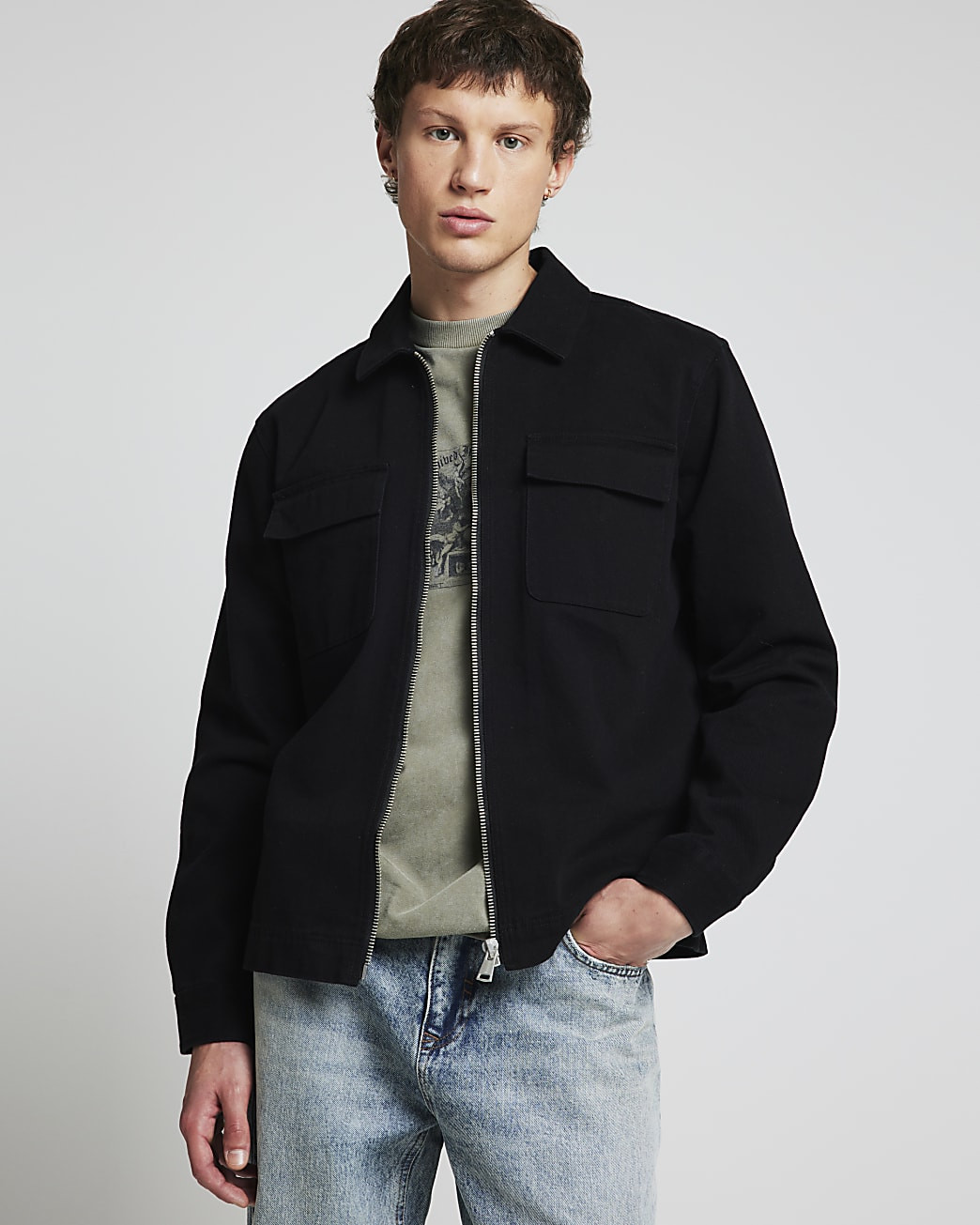 Black textured zip up overshirt | River Island (UK & IE)