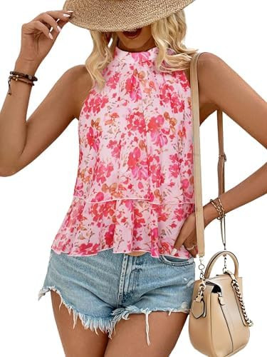 Simplee Womens Halter Tank Top Floral Tie High Neck Sleeveless Boho Loose Fit Flowy Tiered Summer... | Amazon (US)