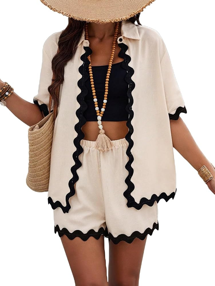 Floerns Women's 2 Piece Outfits Scallop Trim Button Down Shirts with Shorts Set | Amazon (US)
