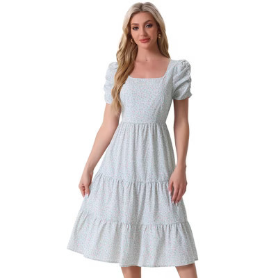 Allegra K Women's Floral Dresses Square Neck Puff Short Sleeves Tiered Ruffled Hem Dress Light Blue X-Large | Target