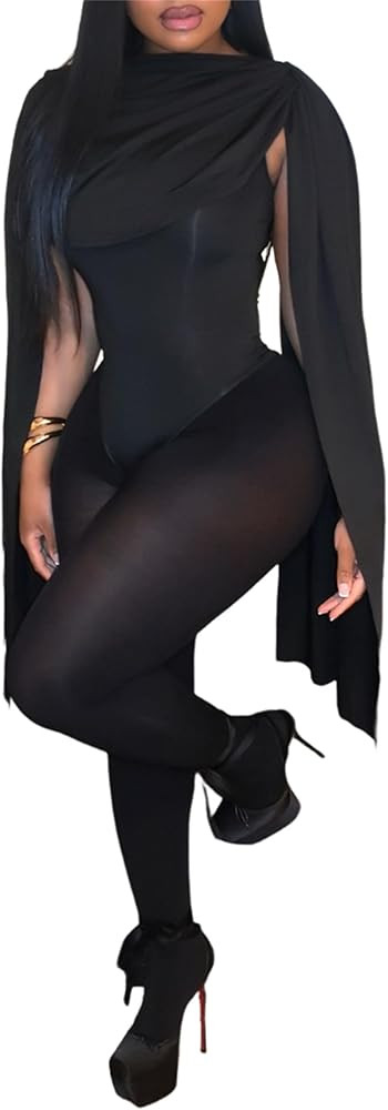 Women's Sexy 2 Piece Outfits Ruched Crowl Neck Cape Sleeve Thong Bodysuit Top Sheer Stockings Clu... | Amazon (US)