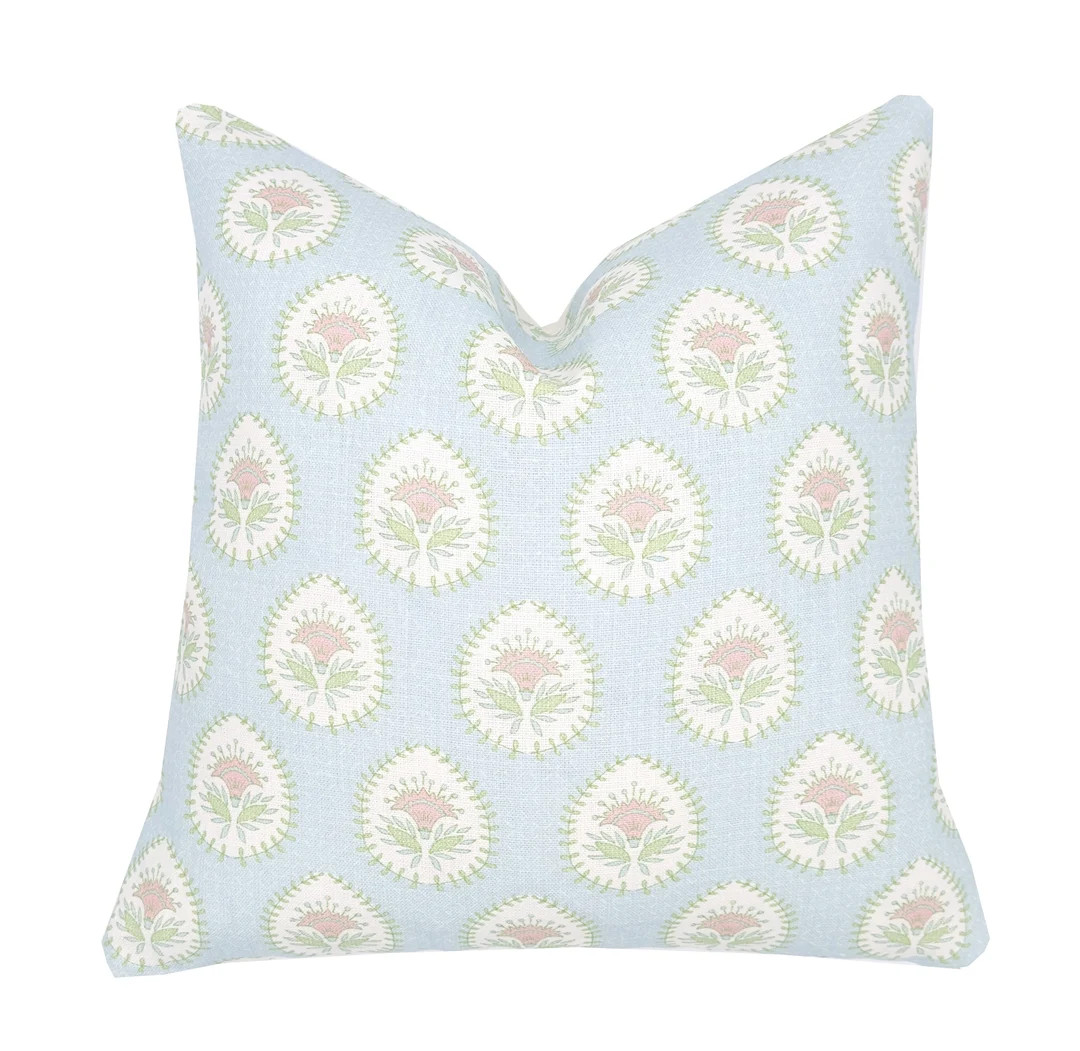 Daphne Soft Blue & Pink Linen Pillow Cover | Blue Pink Green | Designer | High End | 1 or 2 Sided... | Etsy (US)