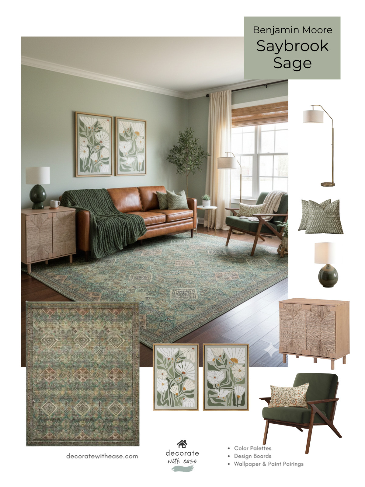 Benjamin Moore Saybrook Sage pairs beautifully with this dark green area rug and warm leather sofa. Perfect for a cozy living room.  

 #LTKHome #LTKSaleAlert