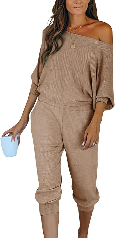 PRETTYGARDEN Women's 2 Piece Ribbed Tracksuit Outfits Off Shoulder Long Sleeve Pullover Lounge Pa... | Amazon (US)