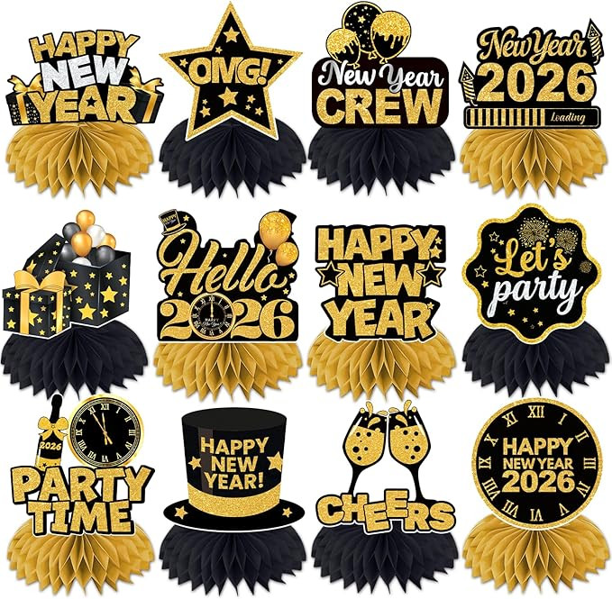 New Years Eve Party Supplies 2026, 12 Pcs Happy New Year Decorations 2026 Honeycomb Centerpieces,... | Amazon (US)