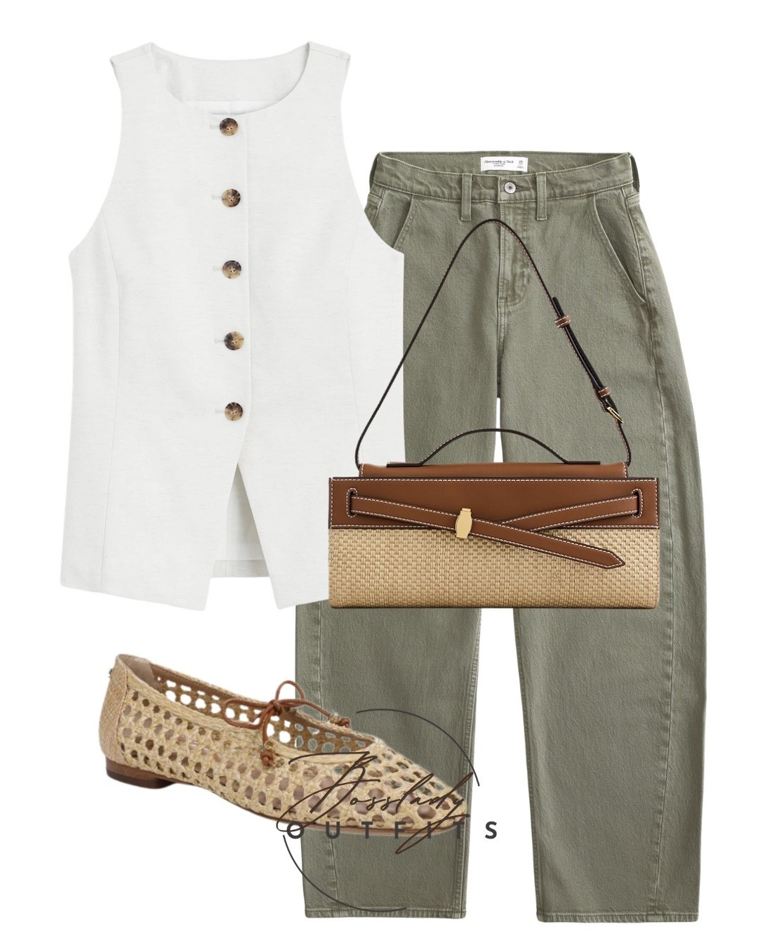 Spring transition uniform! 🌿 Obsessed with the effortless combination of a crisp white button-up vest and olive green wide-leg denim. Adding texture with these breathable woven flats and a structured raffia-and-leather shoulder bag instantly elevates the whole look. Perfect for casual Fridays, weekend brunch, or exploring the city!

#LTKsummer #LTKstyletip #LTKshoes