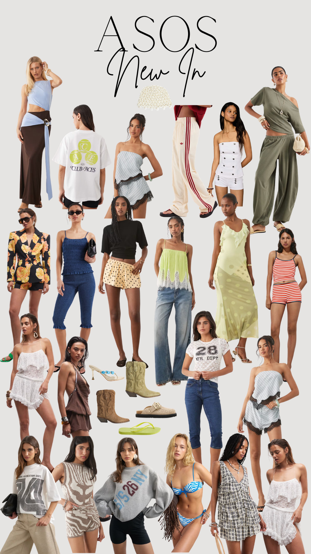 asos new in, summer fashion, holiday outfits, resortwear, neutral tones, pastel blue, chocolate brown, khaki co-ord, white co-ord, striped romper, lace trim playsuit, graphic tee, slogan tee, track pants, floral blazer, navy set, polka dot shorts, lime cami, yellow slip dress, red striped set, white lace romper, satin romper, mini dress, printed dress, bikini, western boots, clogs, flip flops, crochet bag, casual sandals, off shoulder top, bandeau style, maxi dress, matching sets, beachwear, trending fashion, new season style 

 #LTKuk #LTKsummer #LTKeurope