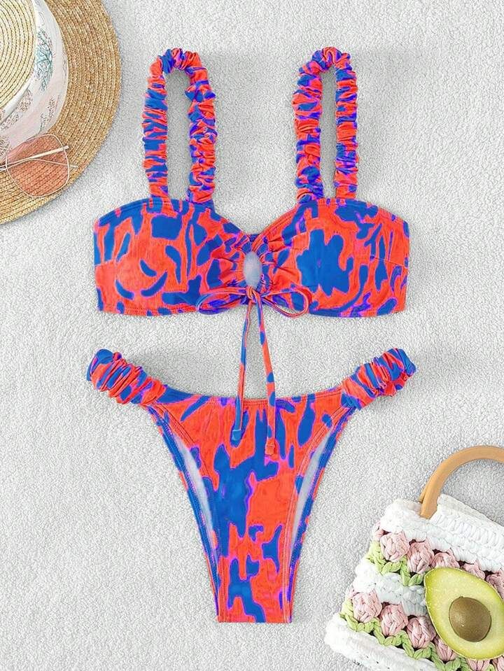 SHEIN Swim Summer Beach Allover Print Frill Trim Drawstring Bikini Set | SHEIN