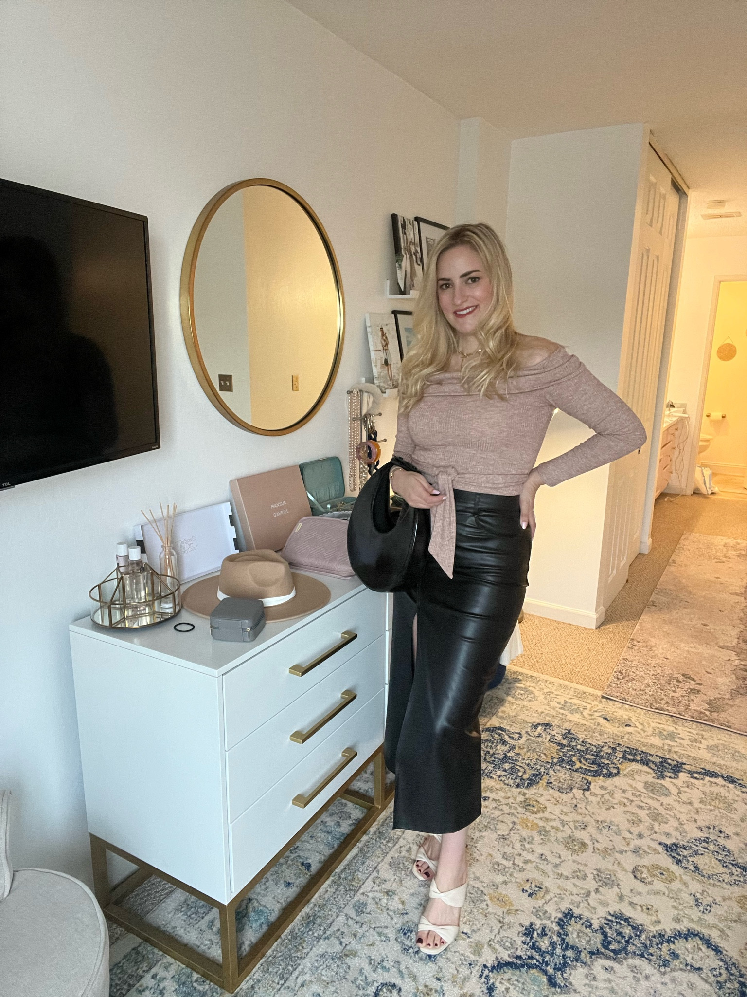 Maxi leather skirt | pleather skirt | black midi skirt asos | off the shoulder sweater | off the should top | Staud moon purse 