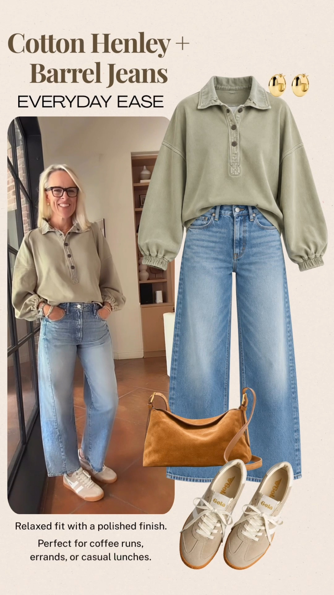This cotton Henley and barrel-leg denim combination is such an easy everyday outfit. The color I’m wearing is currently low in stock but it comes in other colors as well, so there are several options to choose from. The denim shown is currently sold out, but I’ll be tagging several similar barrel-leg options. Neutral sneakers and a cognac crossbody keep the look comfortable and polished for errands, coffee runs, or a casual lunch.

#LTKootd #LTKdayinmylife #LTKOver40