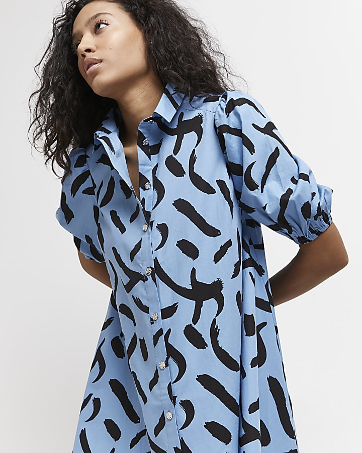 Blue poplin short sleeve mini shirt dress | River Island (US)