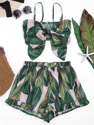 Leaf Print Bowknot Smocked Top with Ruffles Shorts | ZAFUL (Global)
