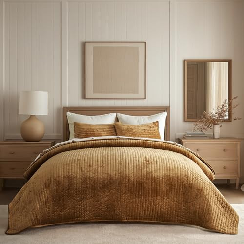 EVERGRACE Velvet Quilt Set Queen Size, Luxurious Soft Striped Channel Bedding Set, Lightweight Velvet Comforter for All Season, Oversized Bedspread Coverlet with 2 Matching Shams, Gold Yellow | Amazon (US)