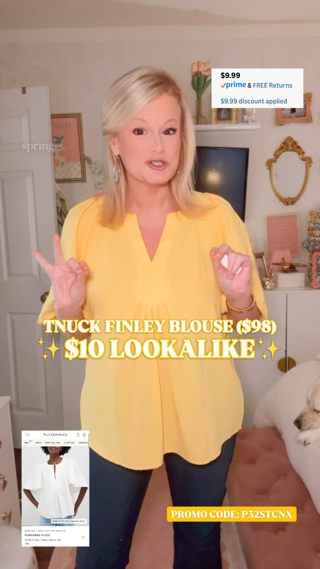 Tuckernuck Finley flutter blouse look for less, summer blouse women, white denim outfit, Amazon fashion find

This $10 blouse is one of those easy summer tops that makes jeans look like an outfit.

It has a very similar look to the $98 Tuckernuck Finley flutter blouse: the split neckline, flutter sleeves, soft pleating, flowy shape, and relaxed drape. It gives that polished Tuckernuck-inspired look without the Tuckernuck price tag.

Use promo code P32STCNX to get it for $10 today. Deal ends 5/18.

I’m in a medium. It runs generous with a relaxed, forgiving fit. Available in several colors, and the yellow is especially good if you want something cheerful for summer.

Style it with white denim, straight-leg jeans, linen pants, shorts, gold jewelry, sandals, or wedges. It works for casual work outfits, teacher outfits, summer office outfits, brunch, vacation outfits, everyday errands, church, lunch dates, and easy warm-weather looks.

If you’re searching for Tuckernuck Finley blouse look for less, Tuckernuck inspired top, Amazon blouse women, flutter sleeve blouse, summer blouse women, yellow blouse women, flowy blouse women, work outfit women, teacher outfit, casual office outfit, summer work outfit, white denim outfit, vacation outfit women, affordable summer tops, designer look for less, Amazon fashion finds, or preppy summer style, this is a very good under-$15 grab.

#LTKFindsUnder50 #AmazonFinds #Tuckernuck #LookForLess #SummerOutfit #WorkOutfit #TeacherOutfit #AmazonFashion

#LTKSaleAlert #LTKWorkwear #LTKMidsize