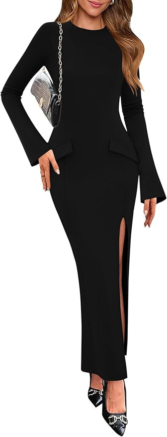 Lazysmile Fall Dresses for Women Long Sleeve Mock Neck Buckle Back Backless Bodycon Split Cocktai... | Amazon (US)