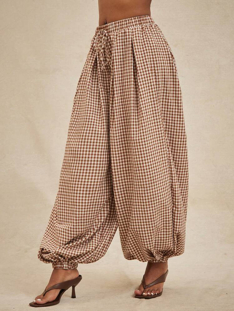 NYA SZN Pant High Waisted Rise Balloon Pant Loose Oversized Brown Gingham Warm Weather St. Patrick's Day Easter Spring Summer Casual Everyday Business Office Event Party Occasion Vacation Beach Travel Airport Outfits For Women | SHEIN
