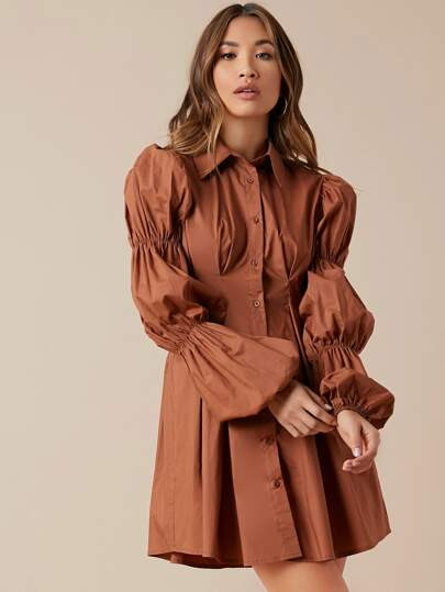 SHEIN Gathered Sleeve Fold Pleated Front Shirt Dress | SHEIN
