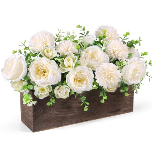 Peony Table Centerpieces Rustic Artificial Floral Arrangements Wooden Crate, Rectangular Wooden Planter with Eucalyptus for Tiered Tray Shelf Table Home Farmhouse Decor-Champagne | Amazon (US)