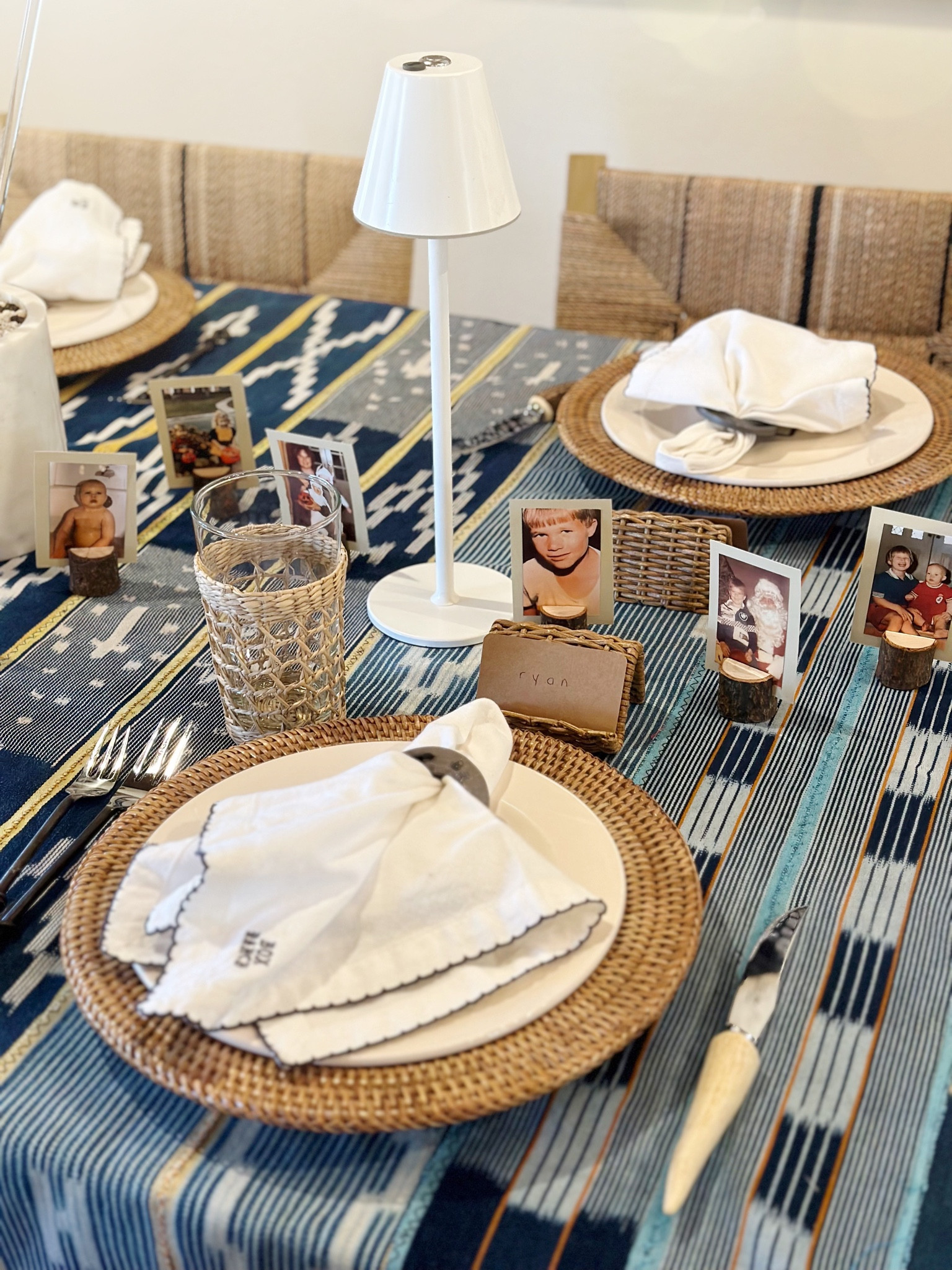 I printed baby picture of our friend and put them in card stands to decorate for his birthday. 
This vintage shabori cloth makes for a beautiful tablecloth and I put my rechargeable table lamps throughout for some extra lighting. 
These are all things I keep on hand for last minute events like this one.


#LTKunder100 #LTKhome #LTKSeasonal