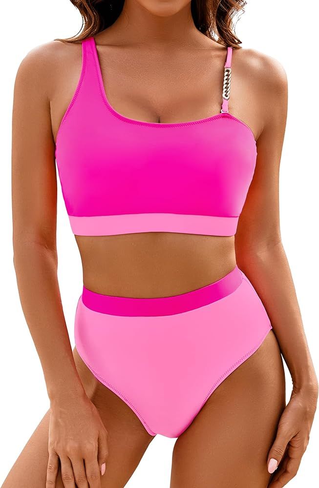 BMJL Women's High Waisted Bikin Set Color Block Two Piece Swimsuits Sporty High Cut Bathing Suits | Amazon (US)