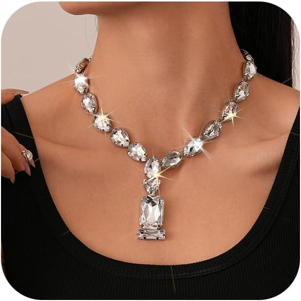 Plastic Fake Rhinestone Choker Y Necklace for Women Sparkly Geometric Faux Crystal Pendant Neckla... | Amazon (US)