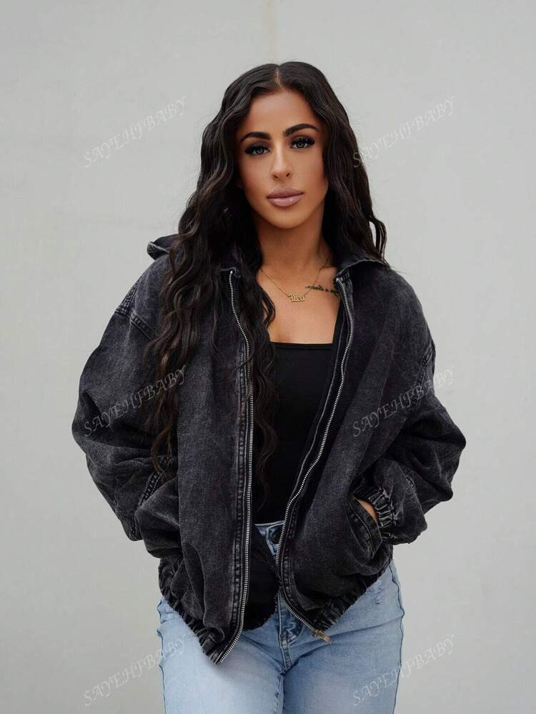 SAYEHFBABY Women Front Zip Long Sleeve Minimalist Denim Jacket, Casual Daily Wear Y2k | SHEIN