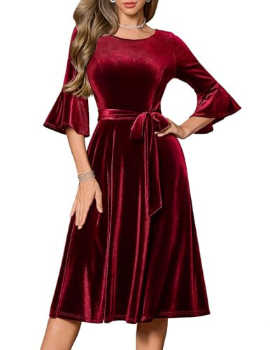 Plus Size Vintage Red Velvet Christmas Party Church Dress Fall Wedding Guest Dresses 2025 Red Velvet Dress for Women Winter Midi Dress Velvet-DarkRed 3XL | Amazon (US)